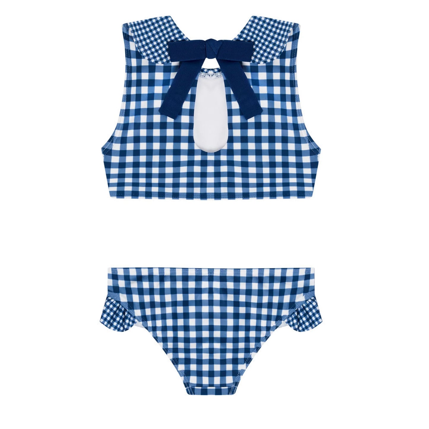 Girls navy gingham sailor bikini featuring a stylish neckline and bow detail, perfect for summer beachwear by Minnow.