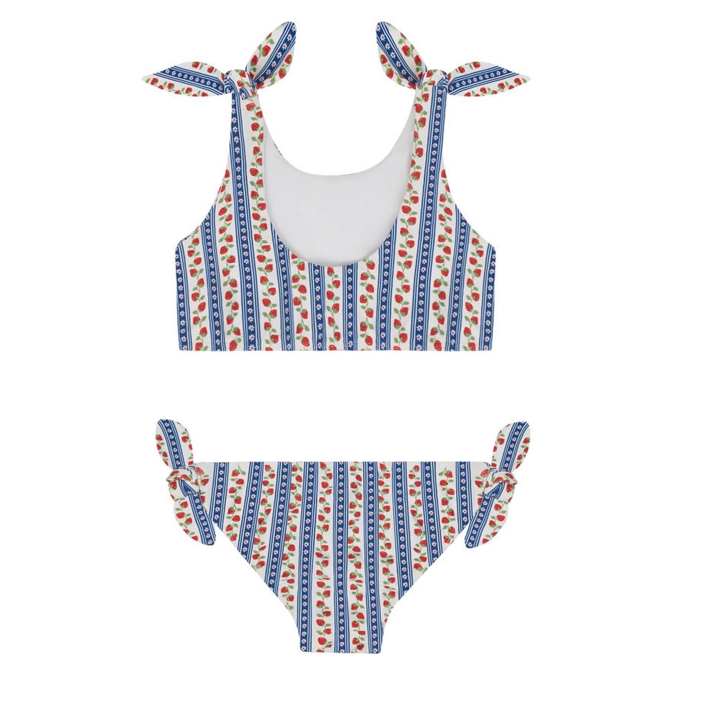 Girls' strawberry fields tie knot bikini by Minnow, featuring a colorful strawberry print and adjustable tie knot top.