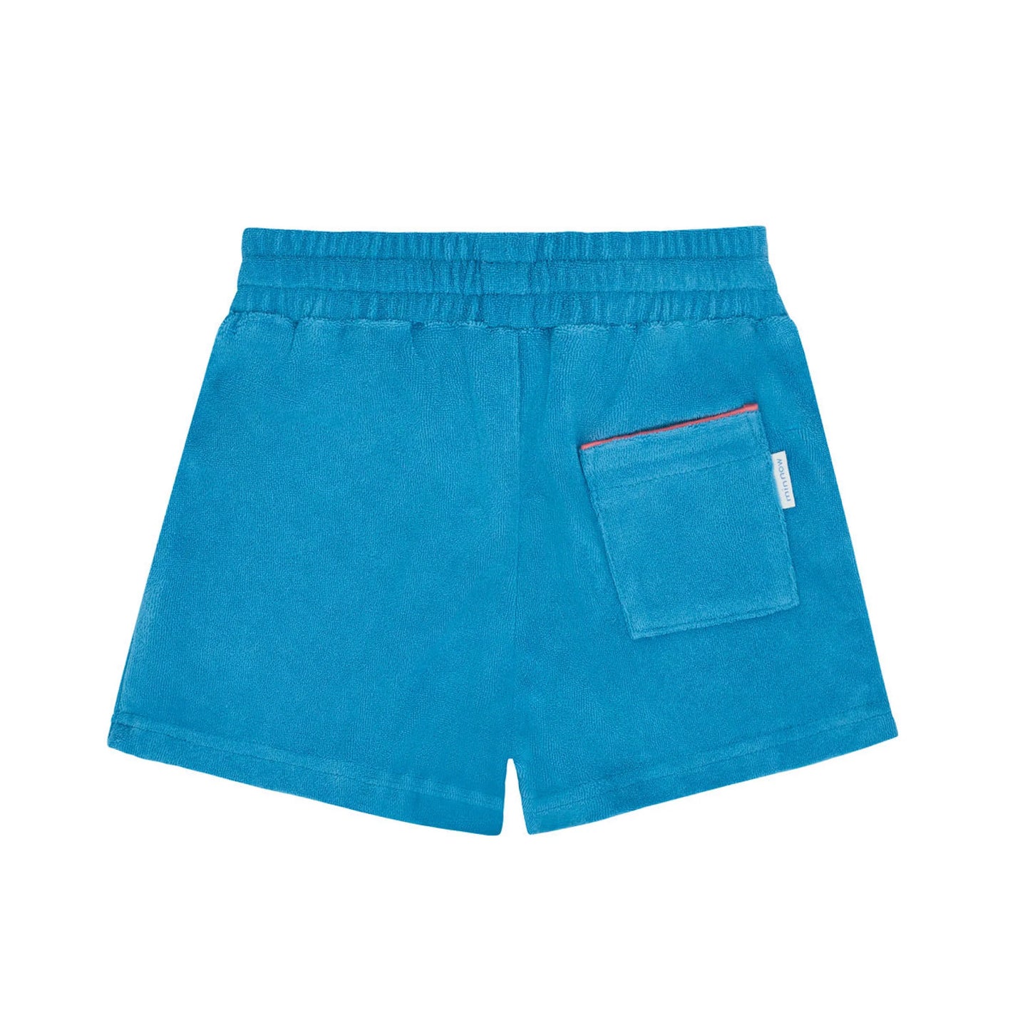 Minnow boys Niagara blue French terry shorts with an elastic waistband and casual fit, suitable for active wear and comfortable styling.