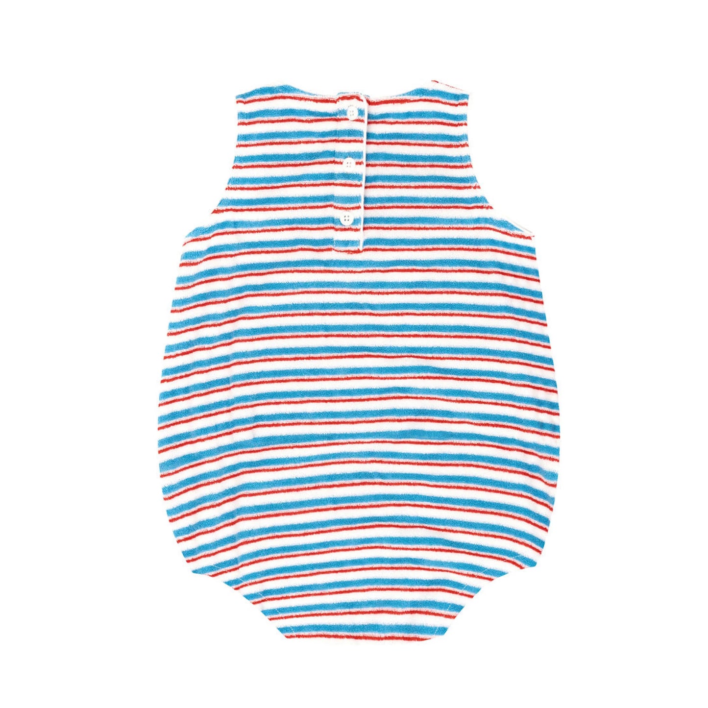 Baby stripe French terry bubble romper by Minnow, featuring a soft, cozy fabric with colorful stripe pattern and snap closure.