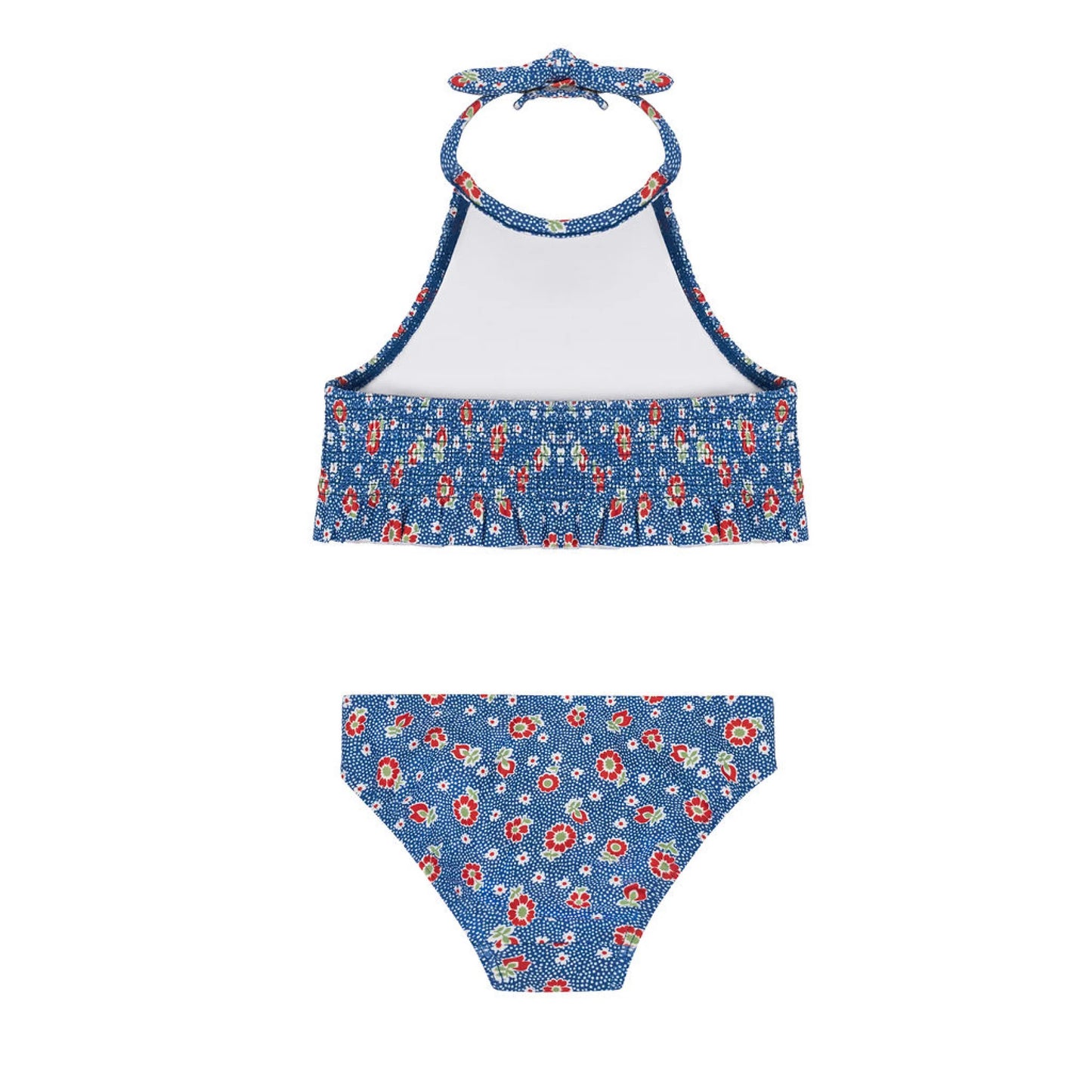 Girls navy floral smocked halter bikini by Minnow featuring a cute floral pattern and comfortable halter neckline.