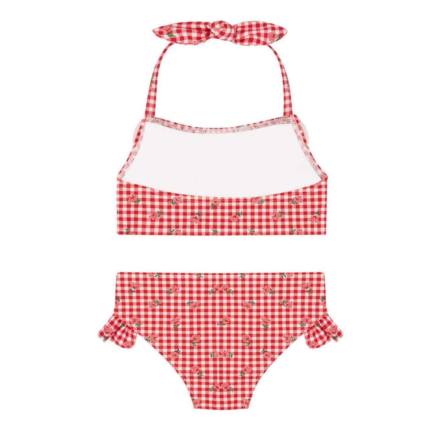 Girls floral gingham halter scoop neck one-piece swimsuit by Minnow, featuring a colorful floral pattern and comfortable fit.