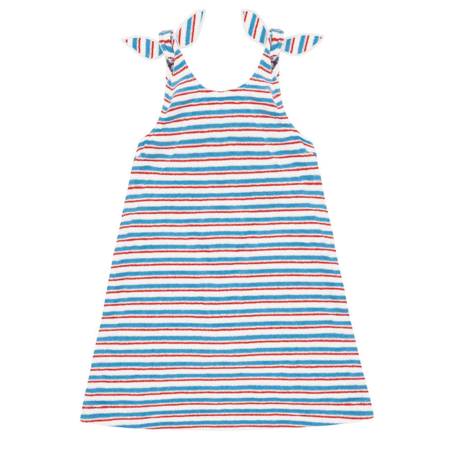 Girls' striped French terry tie knot dress by Minnow, featuring a casual, comfortable design with colorful vertical stripes.