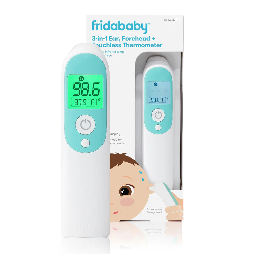 frida 3-in-1 infrared thermometer showing digital display, used for ear, forehead, and touchless temperature measurement.
