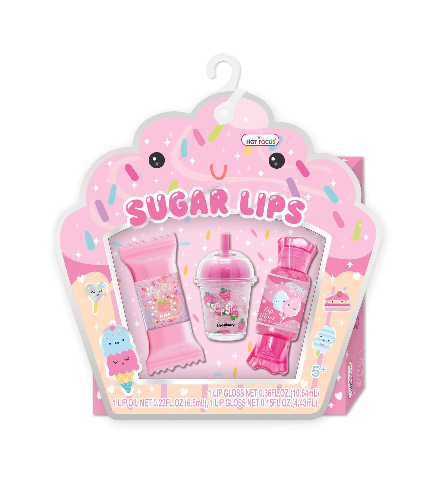 Hot Focus Sugar Crush Sugar Lips lip gloss with a shimmering pink and gold finish, featuring a decorative sugar-shaped cap.