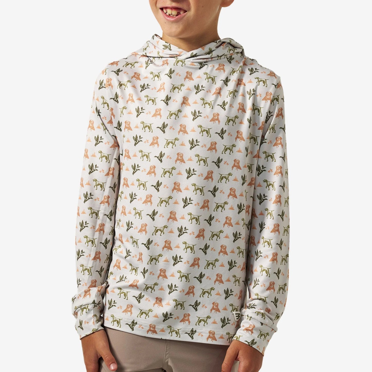 Youth Mallard Duck Dog Performance Hoodie by Burlebo featuring a mallard duck print on a comfortable, sporty hoodie.