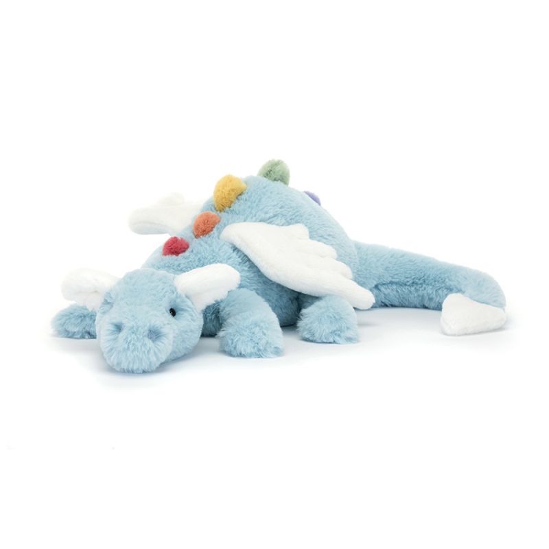 Large Jellycat Sky Dragon plush toy with soft blue scales and friendly face, perfect for cuddling and imaginative play.