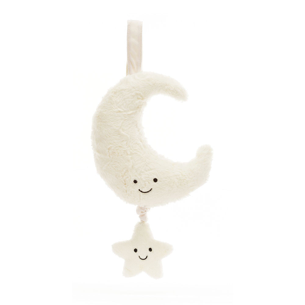Jellycat Amuseables Moon Musical Pull featuring a plush moon with a smiling face and a pull string, ideal for infants.