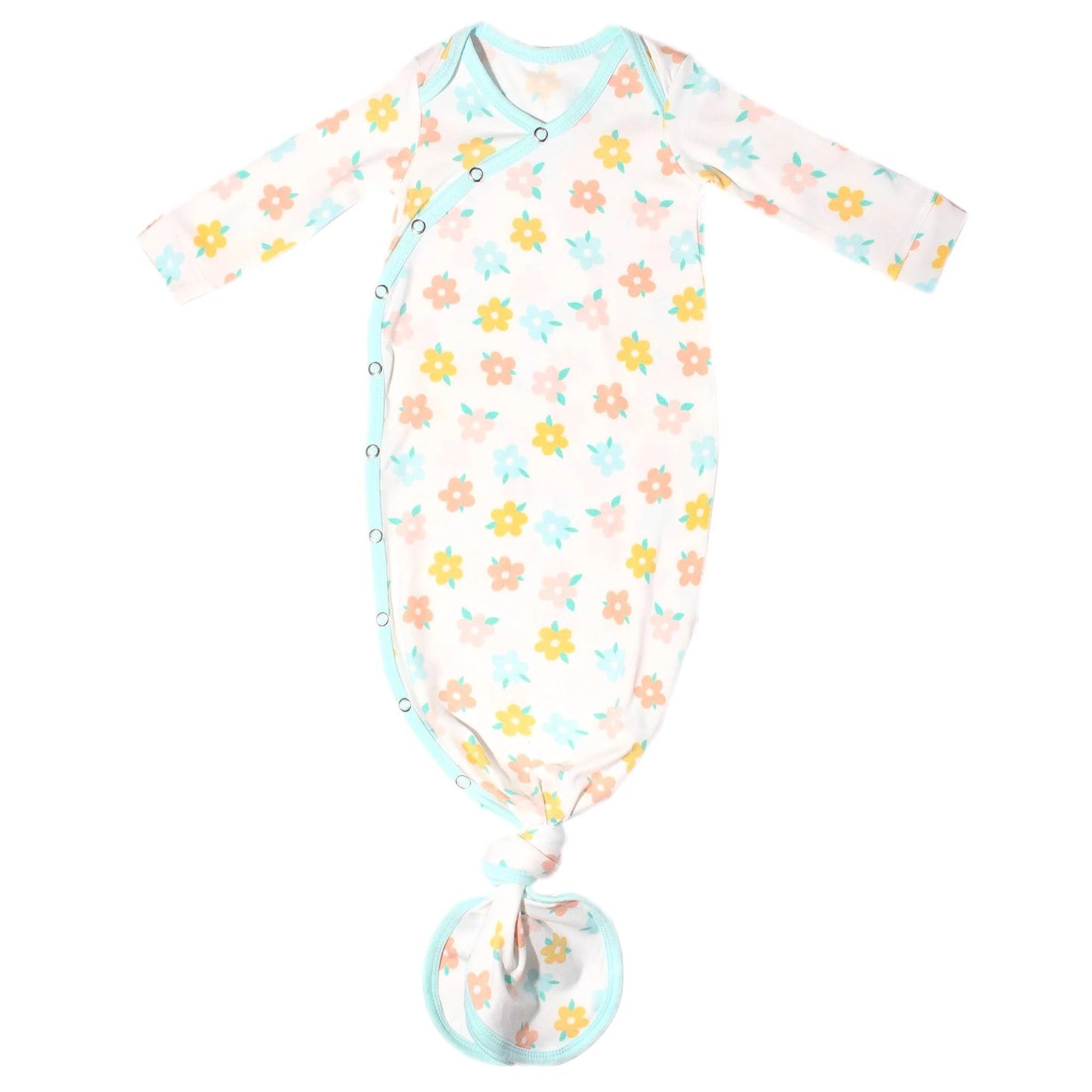 Cotton Daisy Newborn Knotted Gown by Copper Pearl, soft white baby gown with a knotted top and floral daisy pattern.