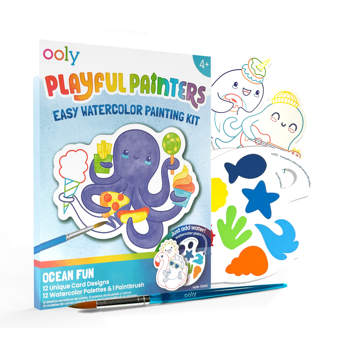 Ooly Playful Painters Easy Watercolor Painting Kit featuring ocean-themed paints and brushes for creative watercolor art.