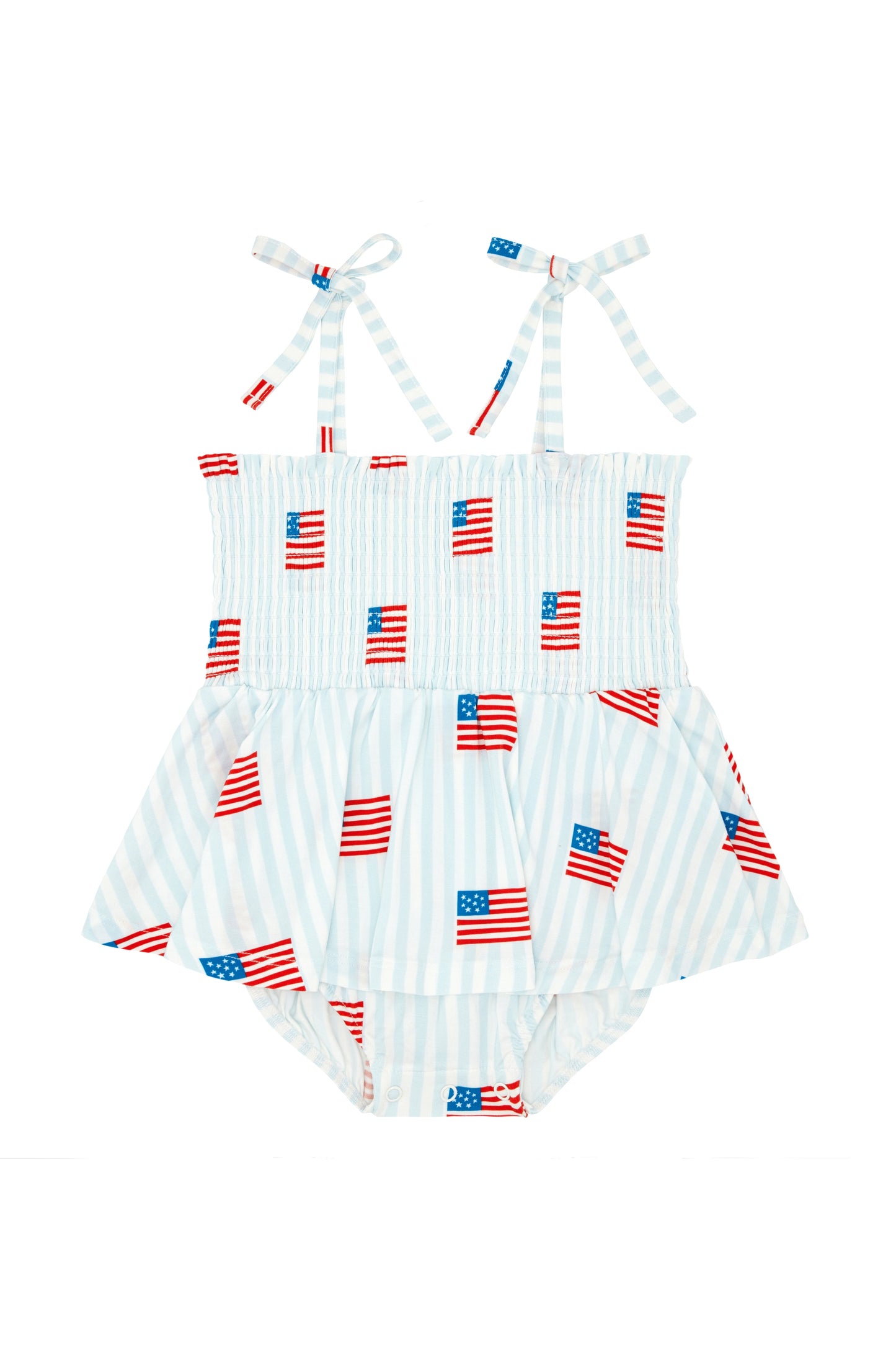 All American Smocked Twirl Romper by In My Jammers, baby girl outfit with pink and white bubble print and smocked bodice.
