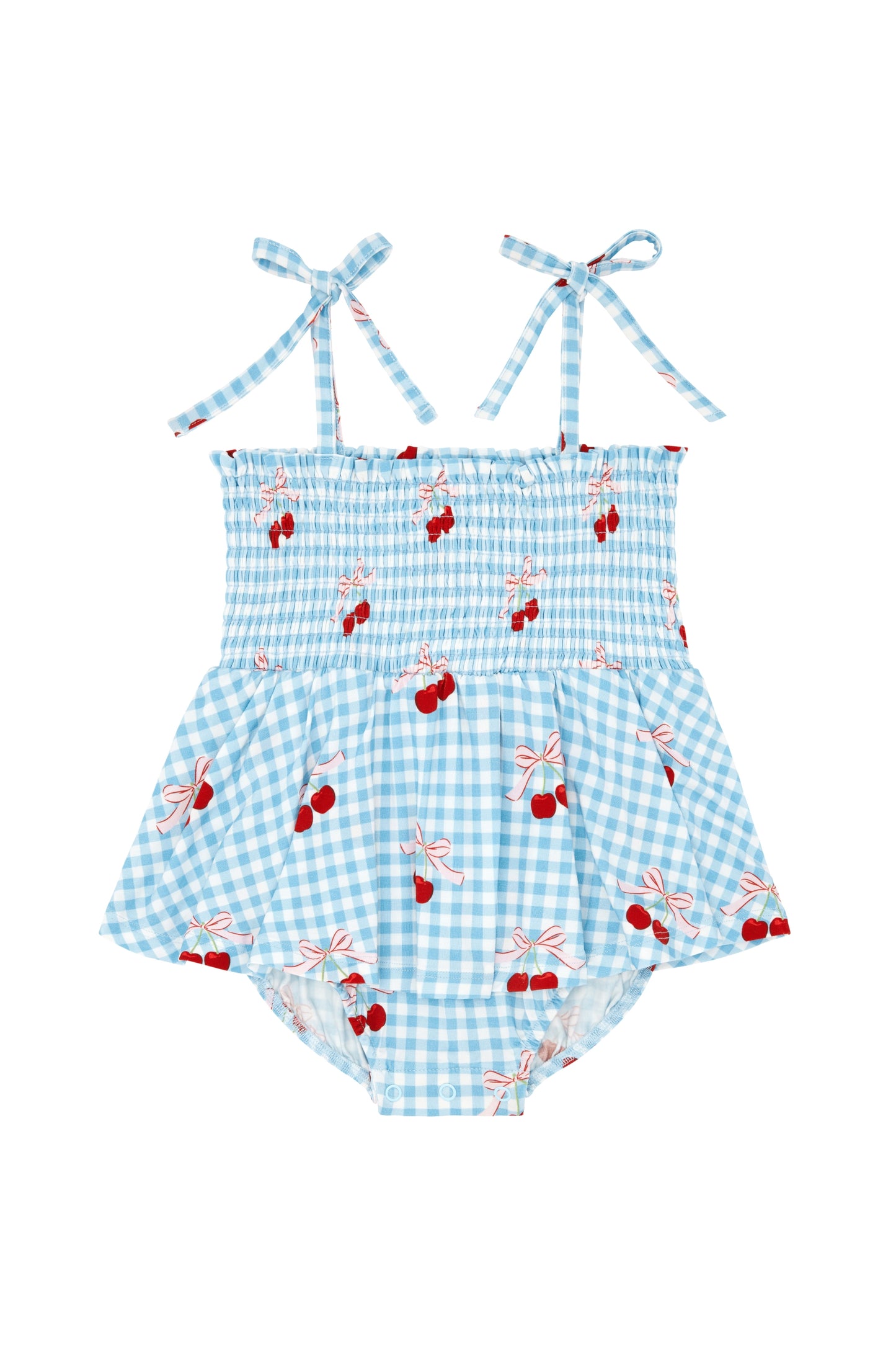 Little Cherry smocked twirl romper for baby girls, featuring colorful cherry print and soft fabric, by In My Jammers.
