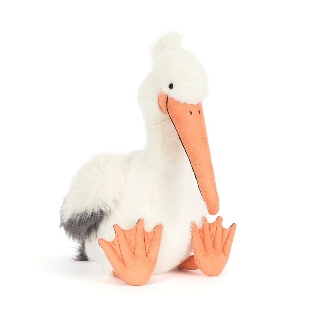 Jellycat Keli Pelican plush toy with soft feathers and a friendly expression, perfect for cuddling and play.