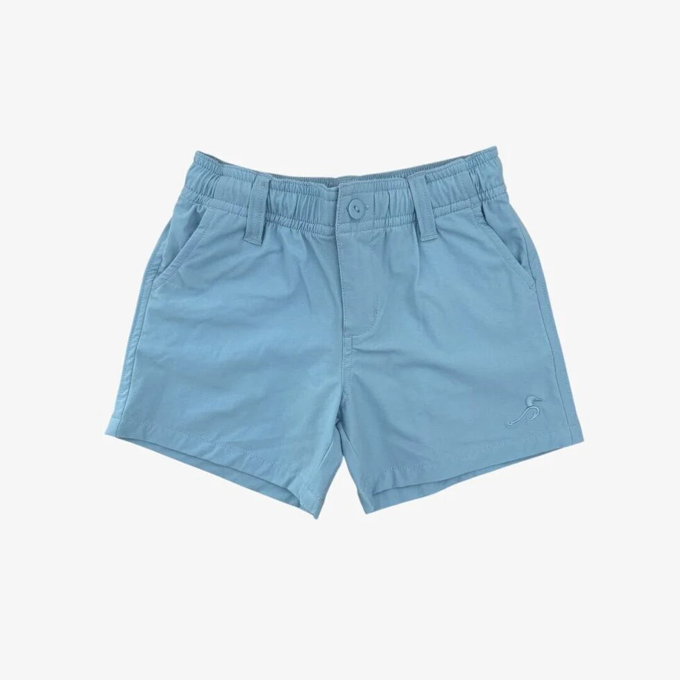 Buck Brothers Ocean Petal Weston Shortie shorts in blue fabric, featuring a relaxed fit and casual style.