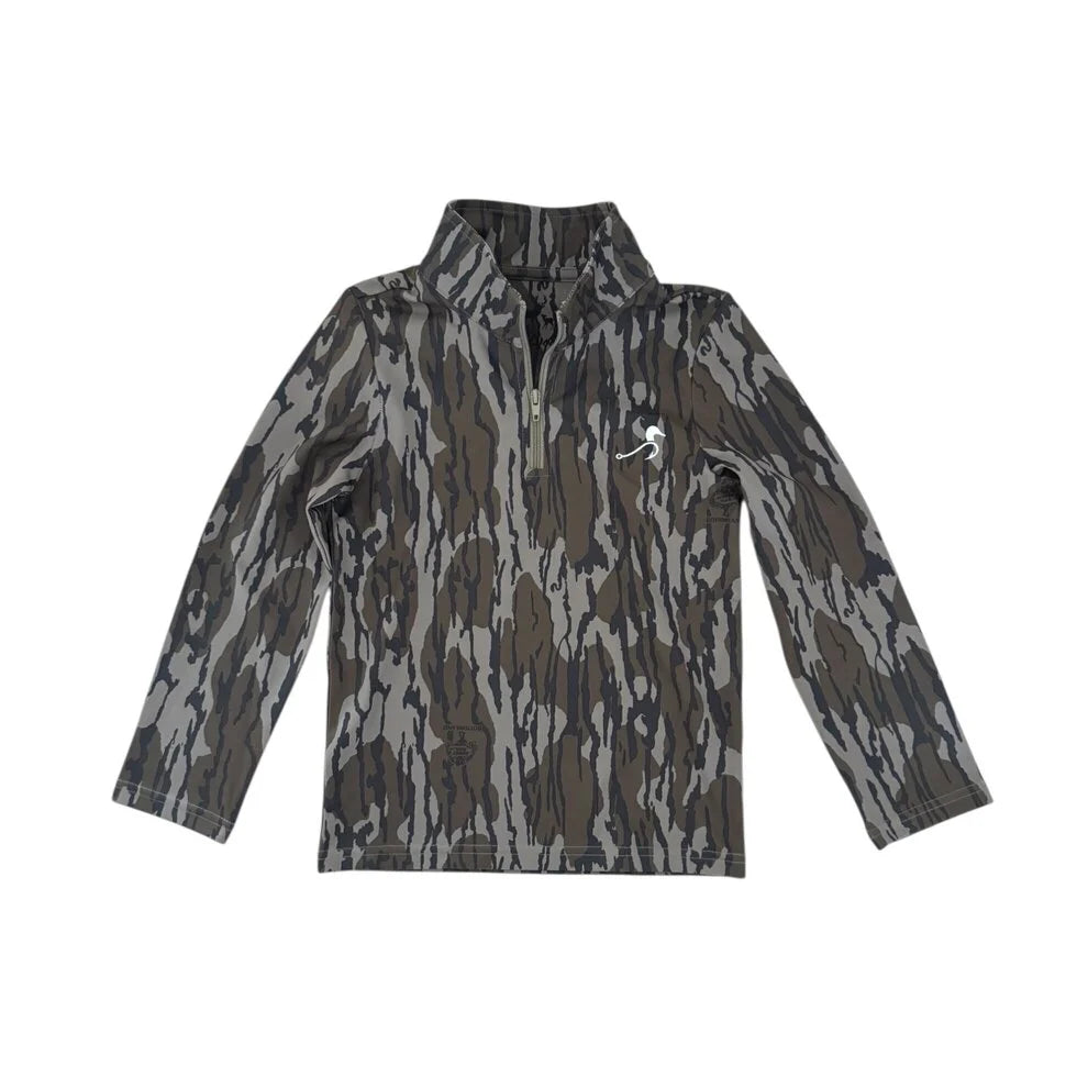 Buck Brothers Mossy Oak Original Bottomland Beau quarter zip, camouflage hunting jacket with zip-up collar and long sleeves.