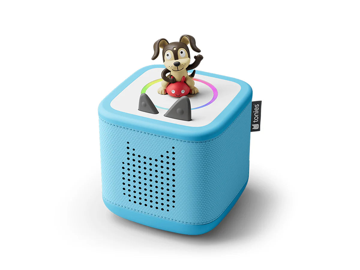 Sky blue Playtime Puppy Toniebox 2 starter set with plush puppy, colorful accessories, and audio player for kids.