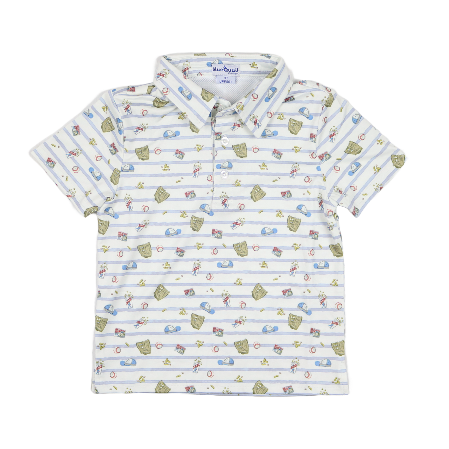 Blue Quail Clothing Co. 7th Inning Stretch polo shirt with short sleeves and baseball-inspired design, displayed on a flat surface.