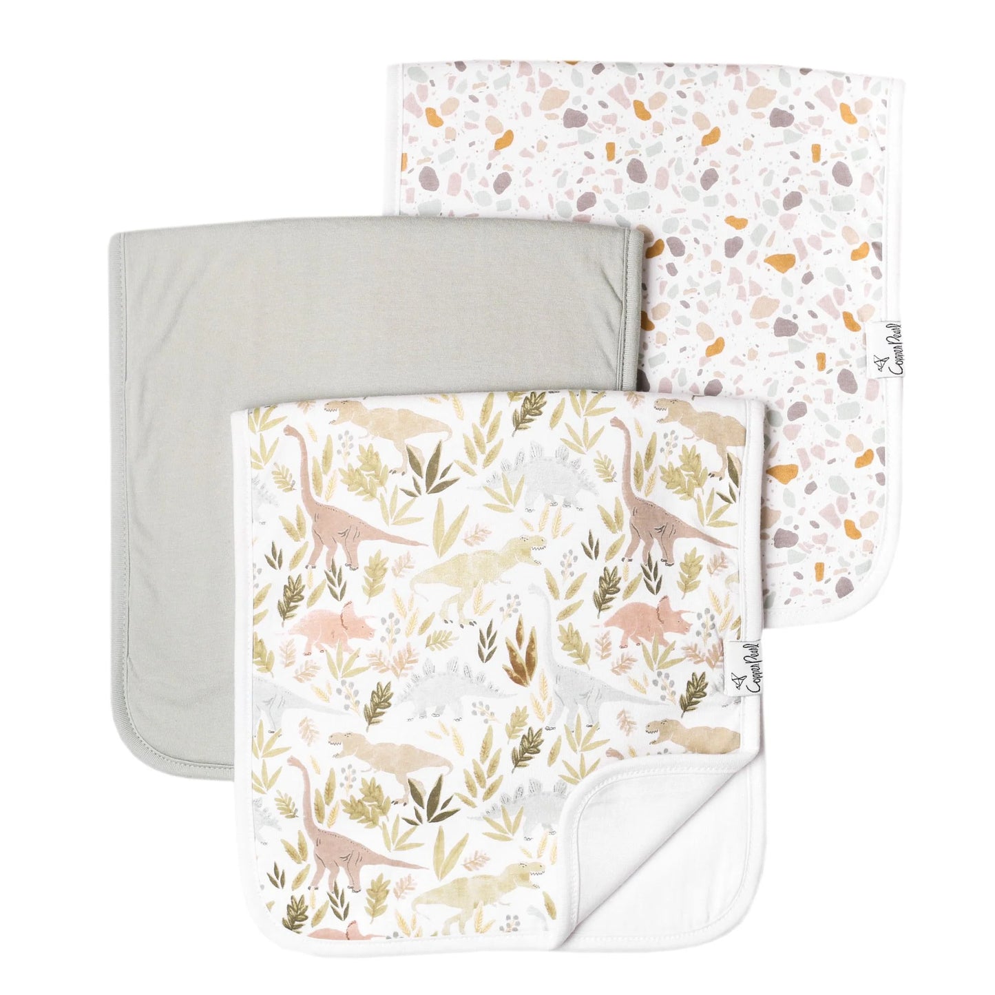 Copper Pearl Rex premium burp cloths featuring soft, absorbent fabric with adorable Rex dinosaur print for baby care.