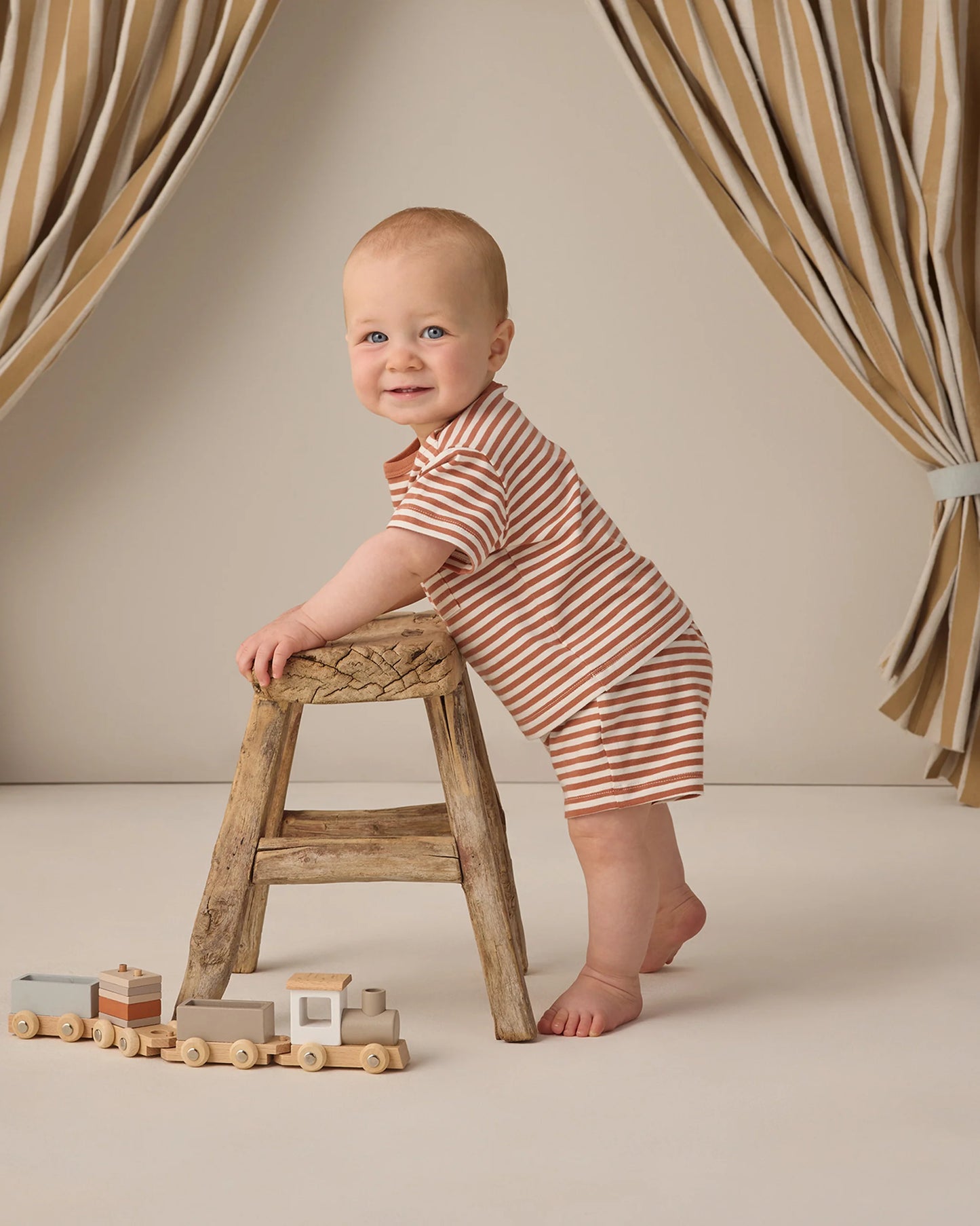 Quincy Mae Poppy Stripe Boxy Pocket Tee and Shorts set for toddlers, featuring a striped design, short sleeves, and front pocket.