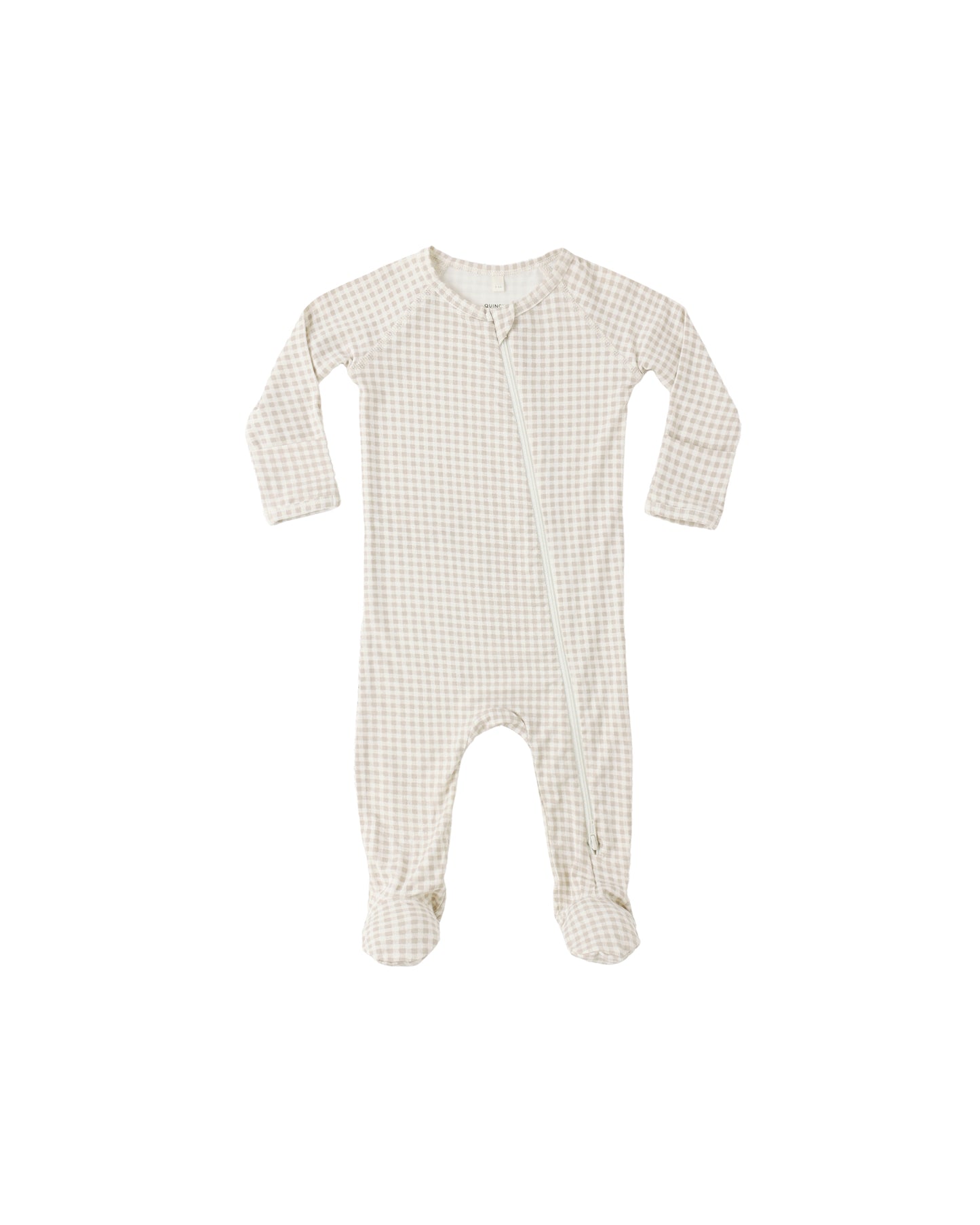 Ivory bamboo zip footie with oat gingham pattern by Quincy Mae, featuring a cozy one-piece design for infants.