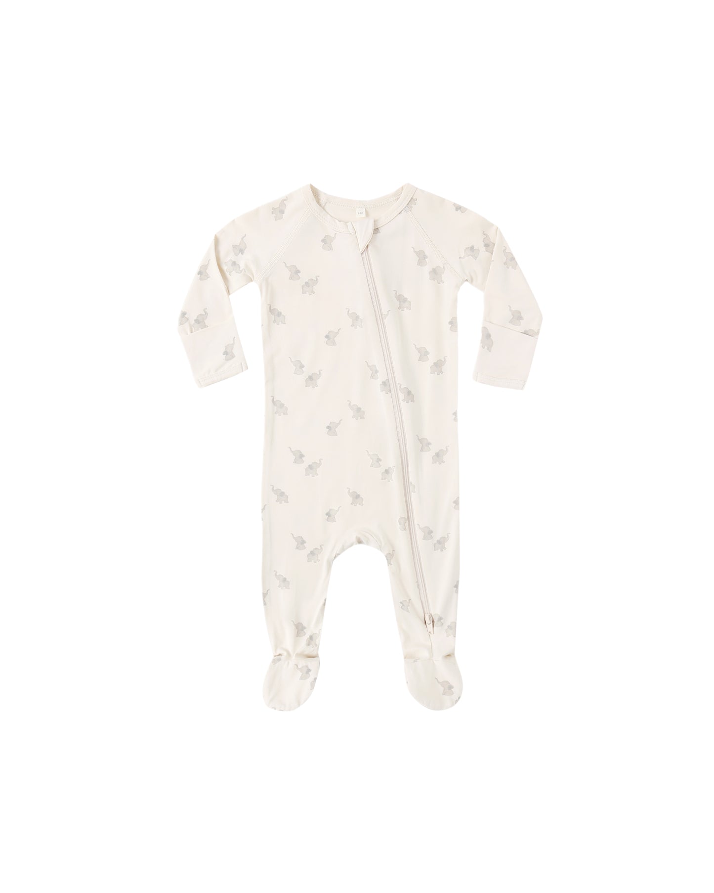 Natural bamboo zip footie for babies featuring adorable elephant designs by Quincy Mae, soft and comfortable for little ones.