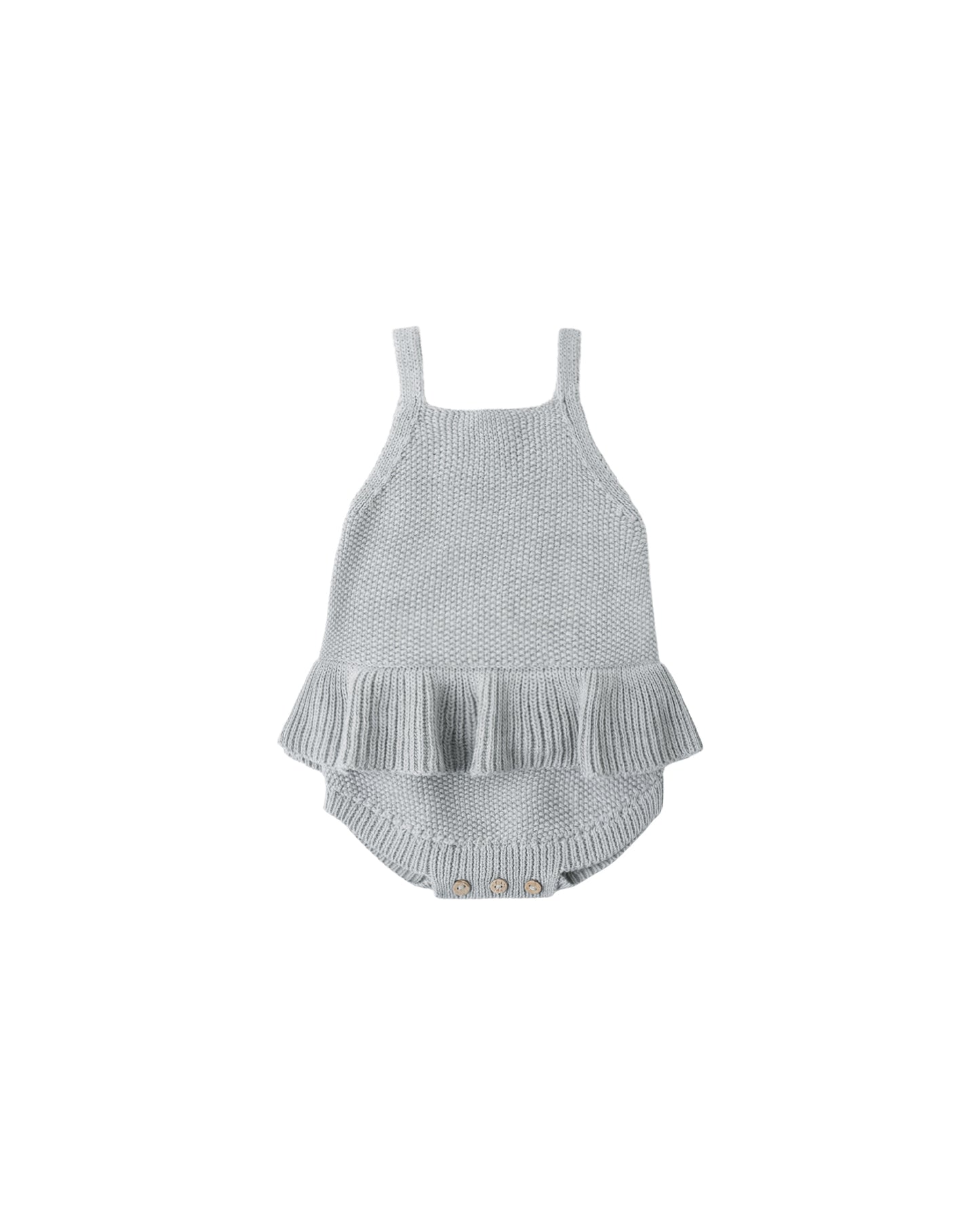 Heathered sky blue knit ruffle romper for babies, featuring soft fabric and cute ruffle details from Quincy Mae.