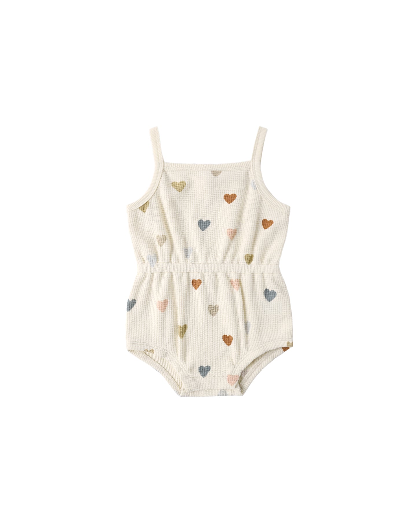 Natural-colored Quincy Mae confetti hearts waffle cinch romper for babies, featuring a soft, textured fabric and cinched waist design.
