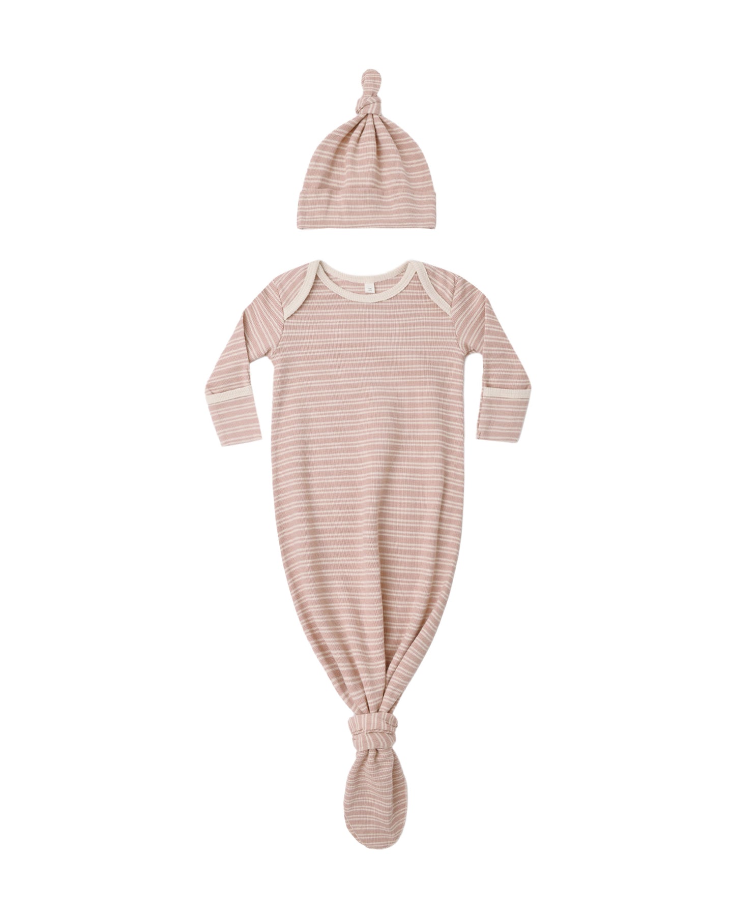 Dusty Rose Microstripe Knotted Baby Gown + Hat Set