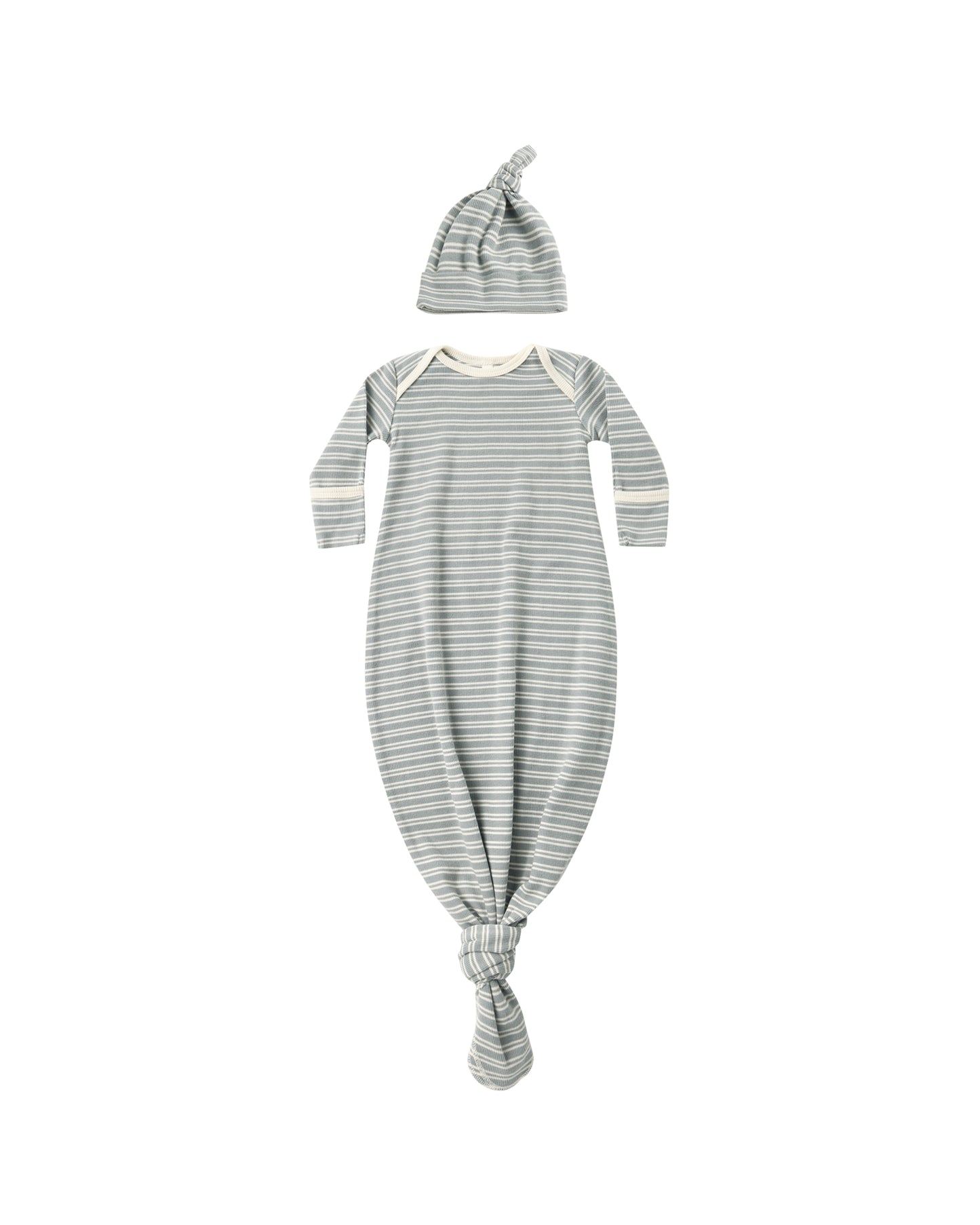 Steel Blue Microstripe Knotted Baby Gown + Hat Set