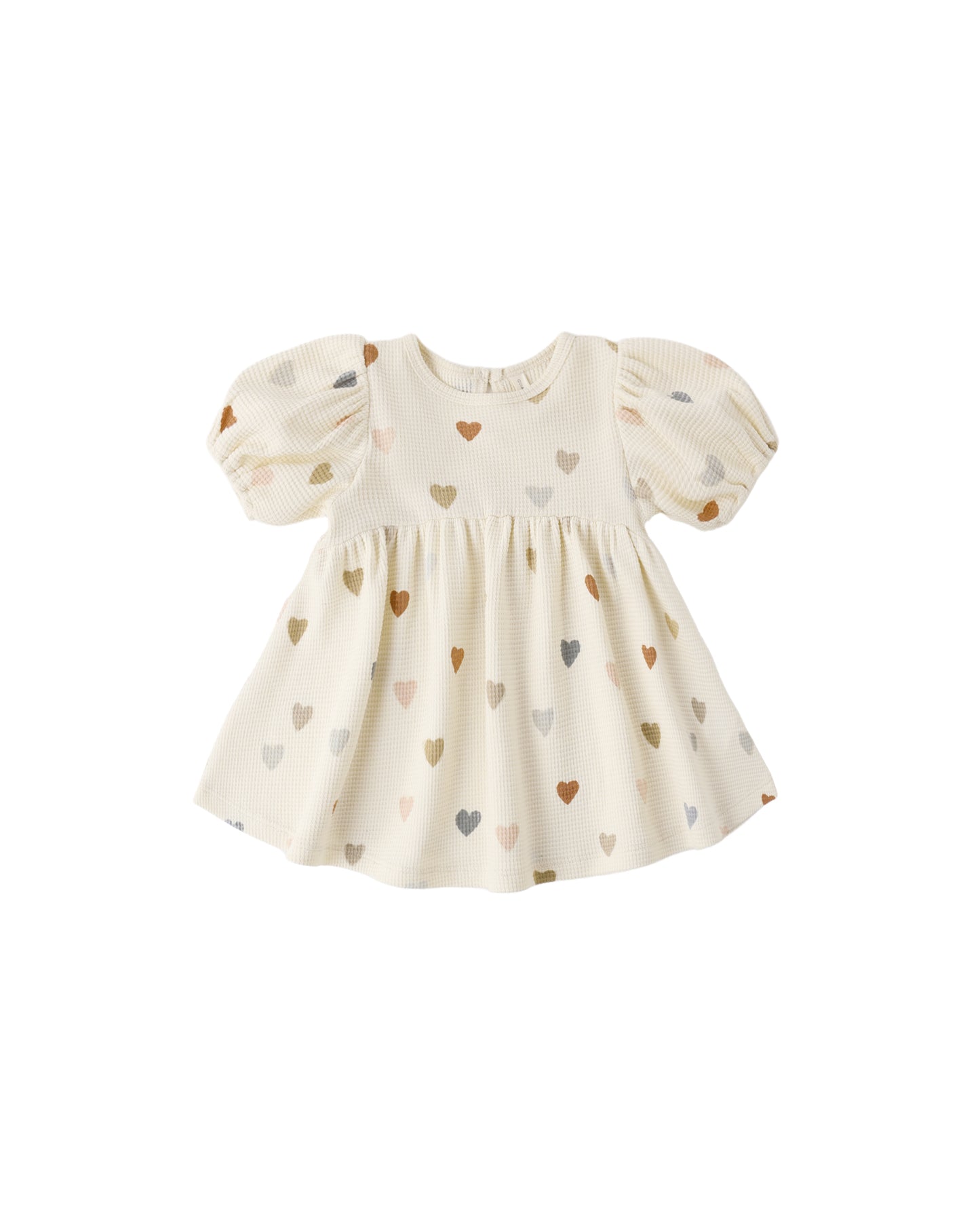 Confetti Hearts Darla Dress by Quincy Mae, natural-colored dress with colorful heart patterns, displayed hanging on a white background.