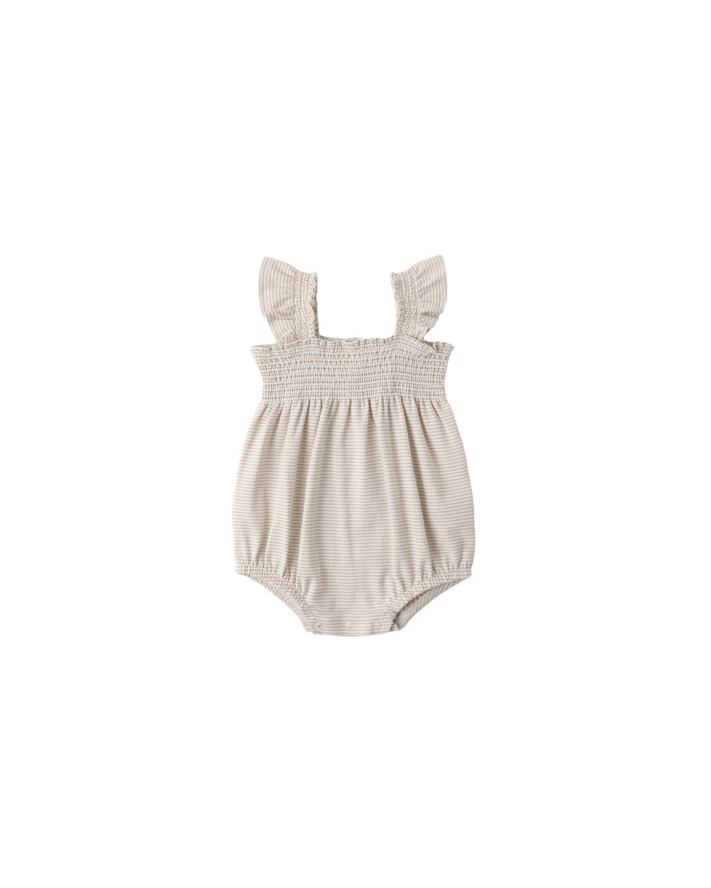 Oat-colored micro stripe smocked romper with ruffle sleeves by Quincy Mae, featuring a comfortable and stylish baby or toddler outfit.