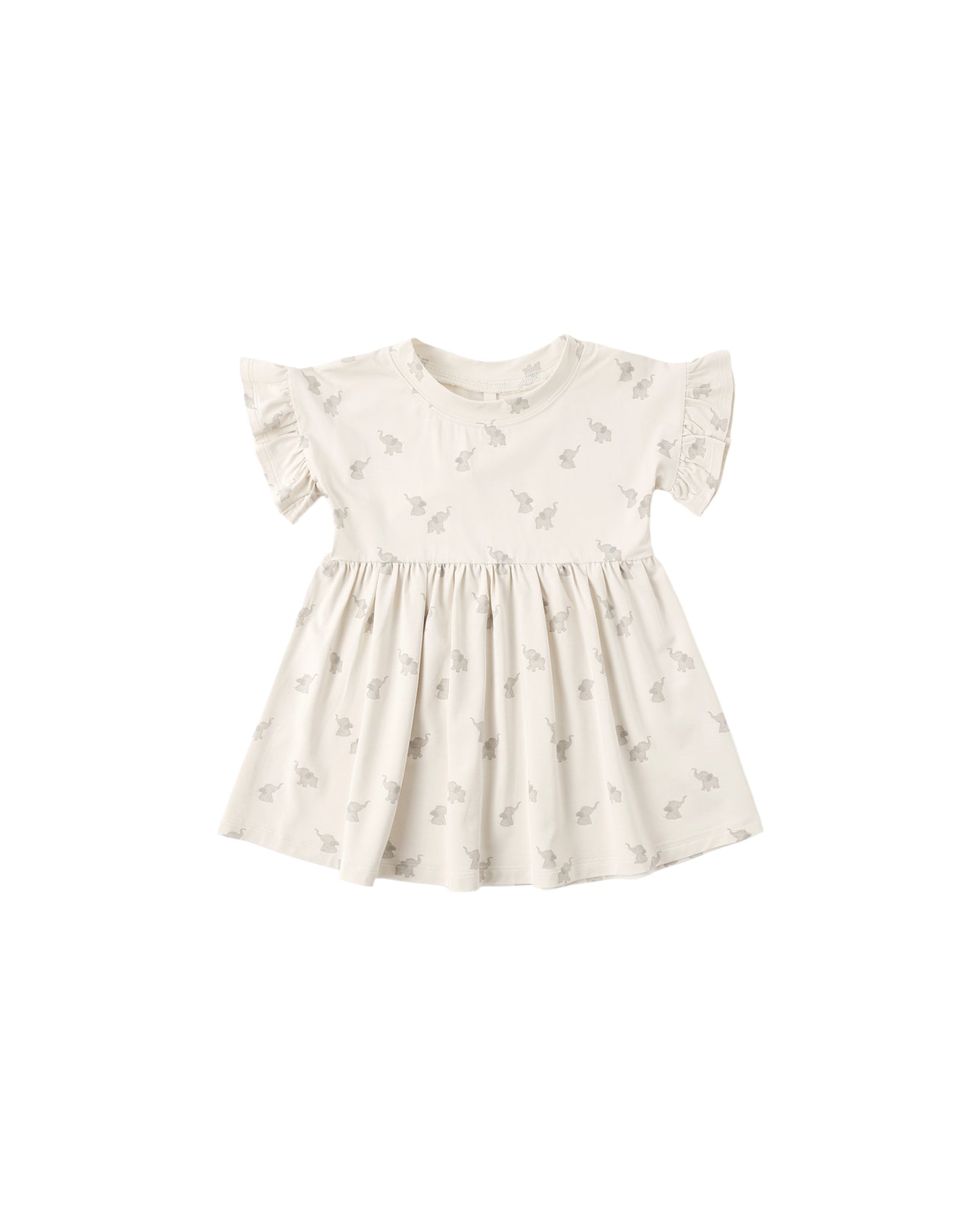 Natural bamboo baby doll dress featuring elephant print, designed by Quincy Mae with soft, breathable fabric for comfort.