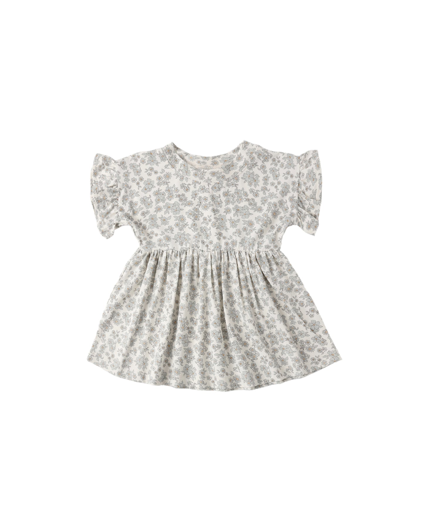 Blue floral bamboo baby doll dress by Quincy Mae with delicate floral pattern and soft fabric, front view.