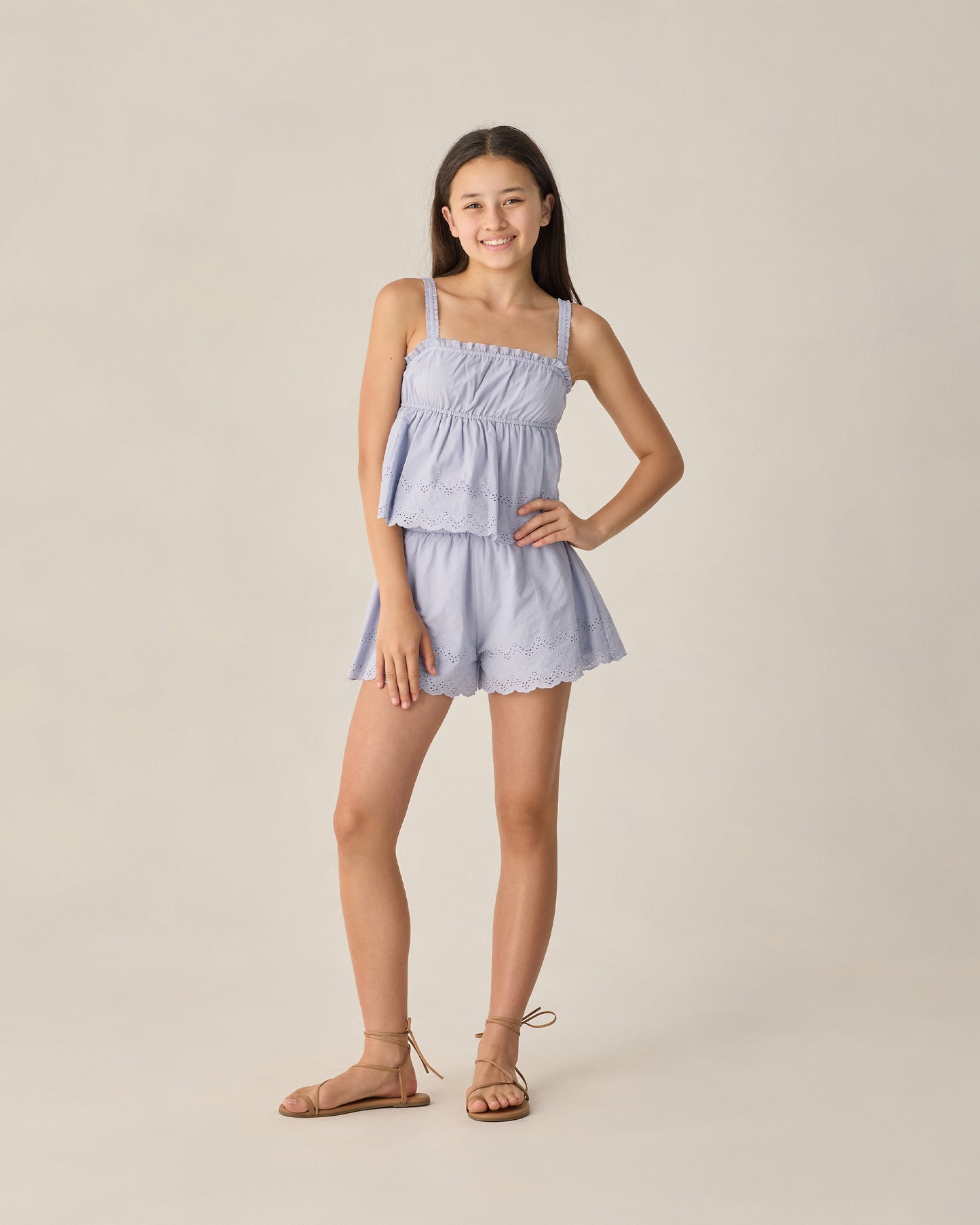 Teen periwinkle eyelet tank blouse by Rylee & Cru, featuring delicate eyelet details and a stylish sleeveless design.
