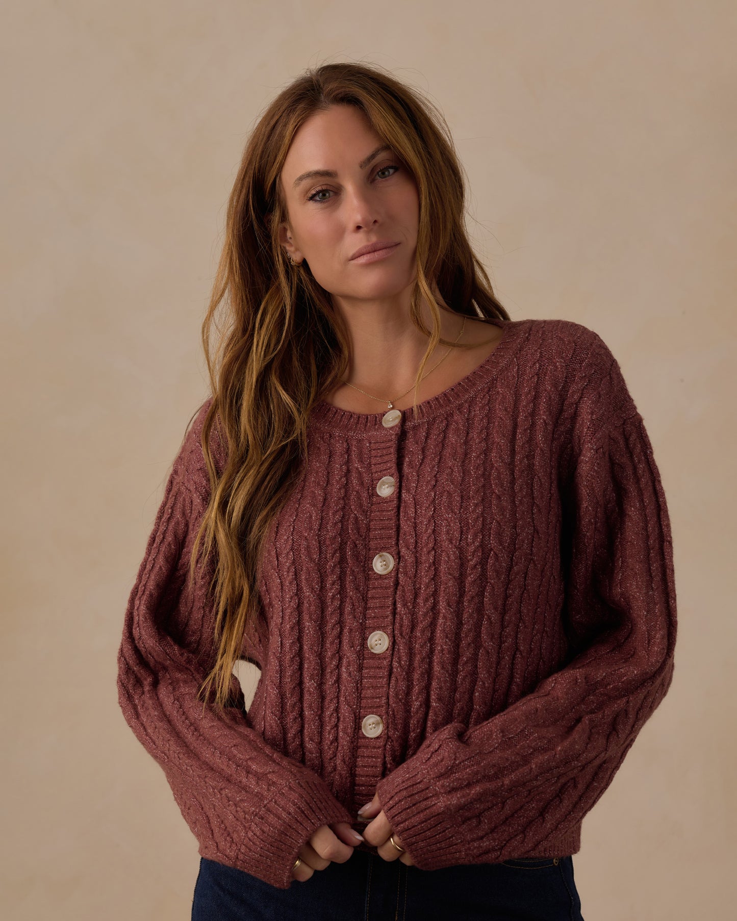 Women's Mulberry Cheyenne Cardigan by Rylee & Cru, featuring a cozy knit fabric in a rich mulberry color.