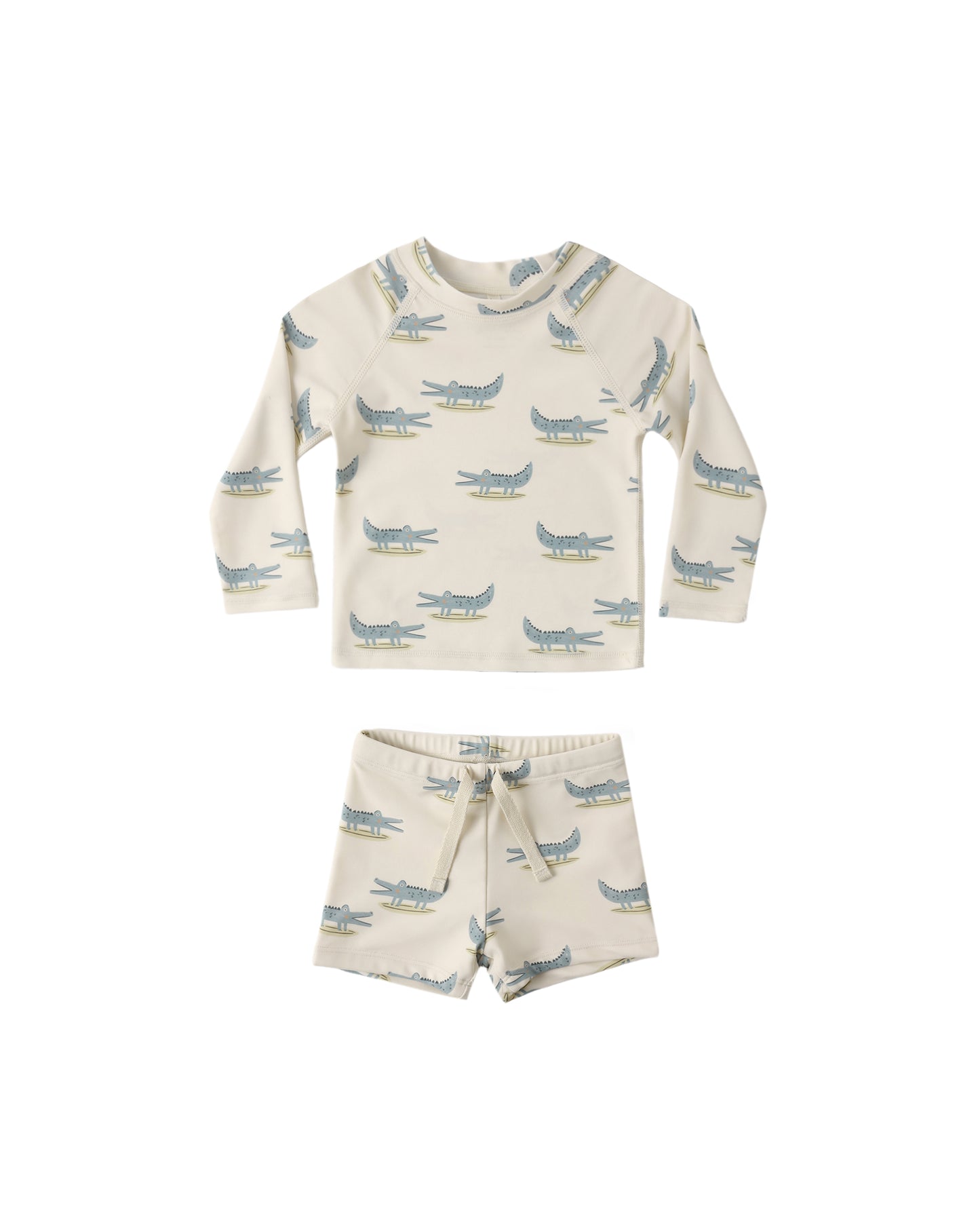 Alligators Boys Rashguard Set by Rylee & Cru, featuring a natural-colored short-sleeve swim shirt with alligator print and matching swim shorts.