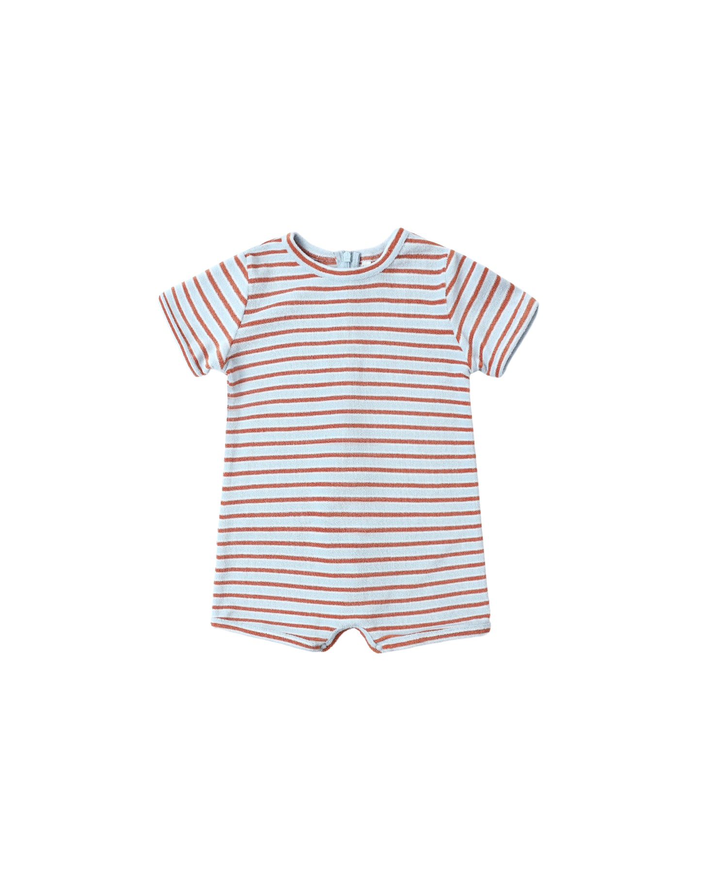 Rylee & Cru Americana Stripe Shorty One Piece swimsuit in light blue with white and orange stripes, featuring a relaxed fit and shoulder straps.