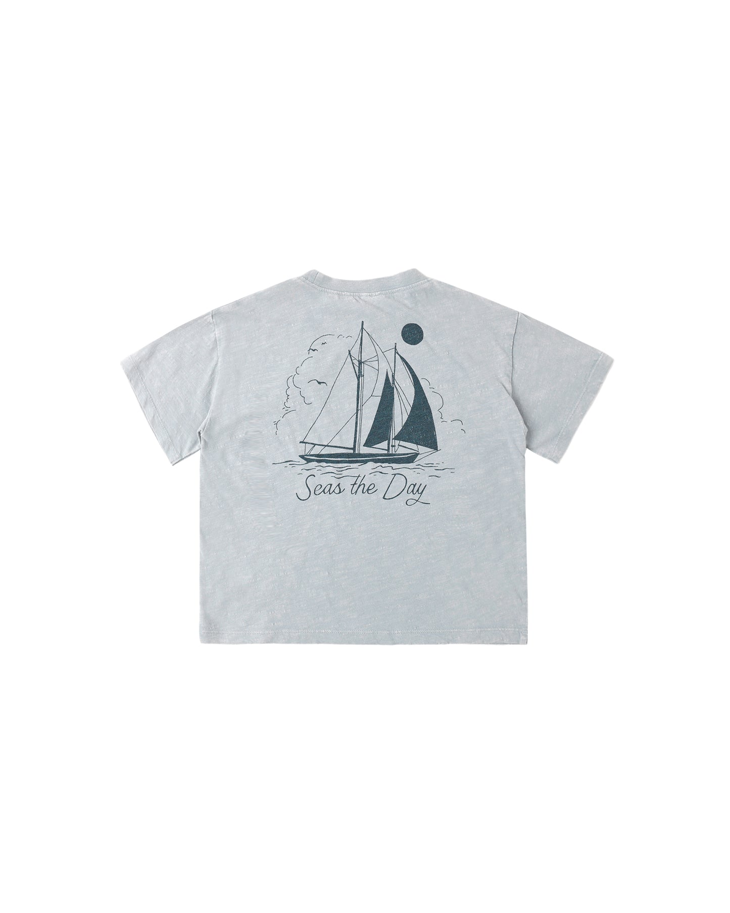 Light blue Rylee & Cru Seas the Day Relaxed Tee laid flat, showcasing its casual fit and soft cotton fabric.