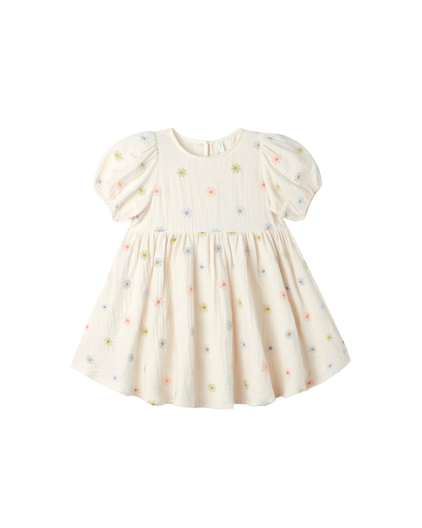 Rylee & Cru embroidered daisies Marley dress in natural fabric with floral embroidery, displayed on a hanger.