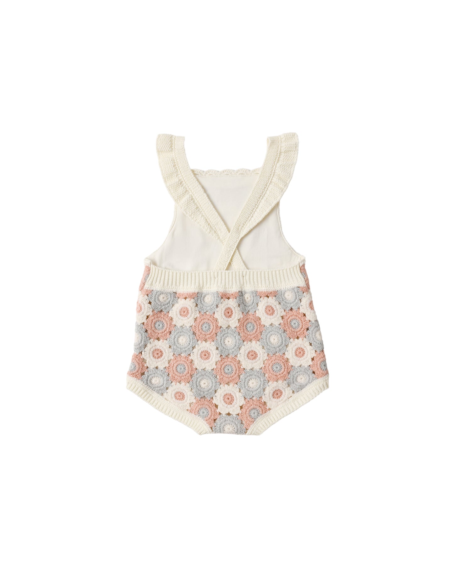 Blue, light pink, and ivory crochet romper by Rylee & Cru, featuring a stylish, comfortable design and intricate crochet details.