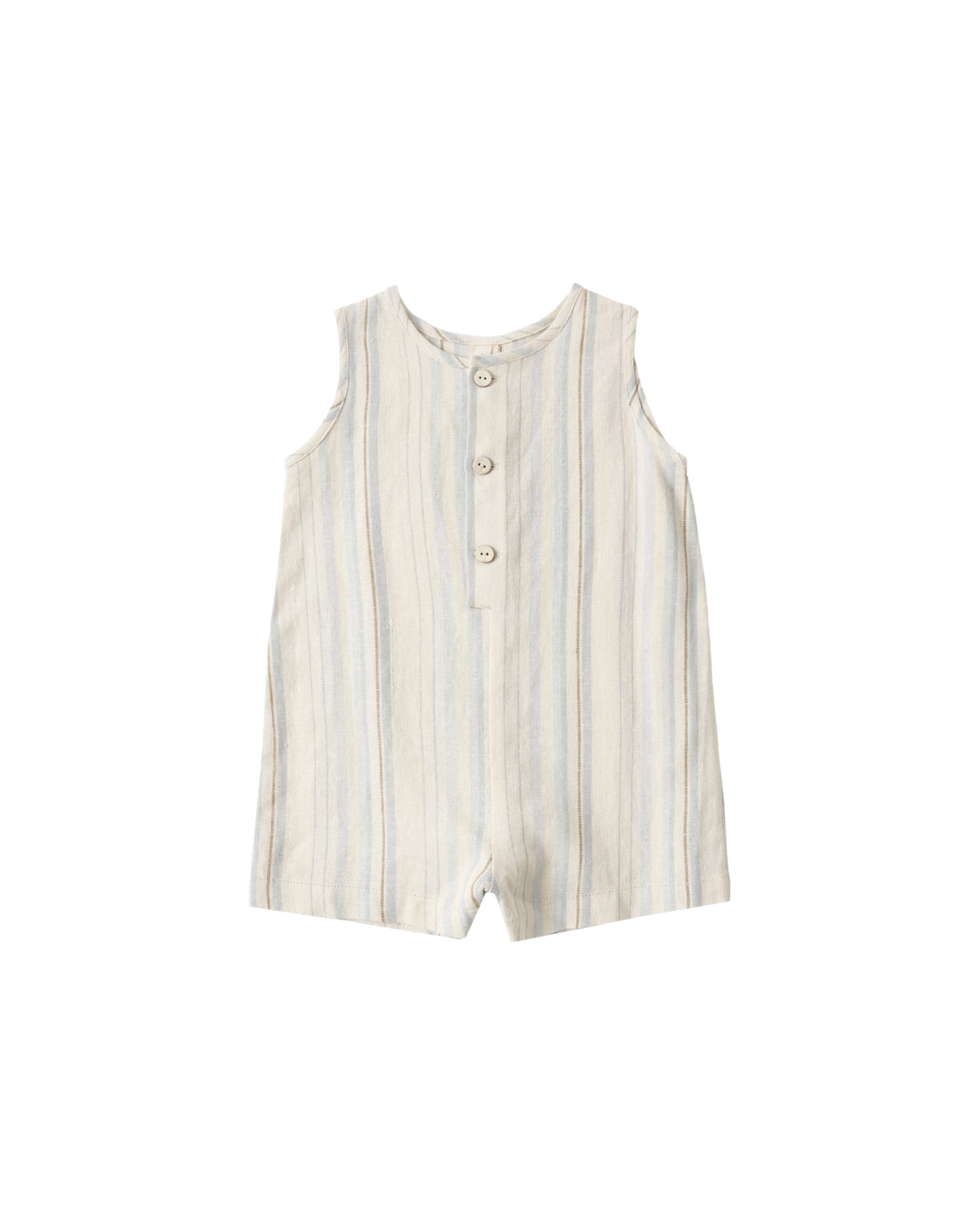 Rylee & Cru Sea Stripe Mavrick Romper in natural fabric, featuring blue and white nautical stripe pattern and short sleeves.