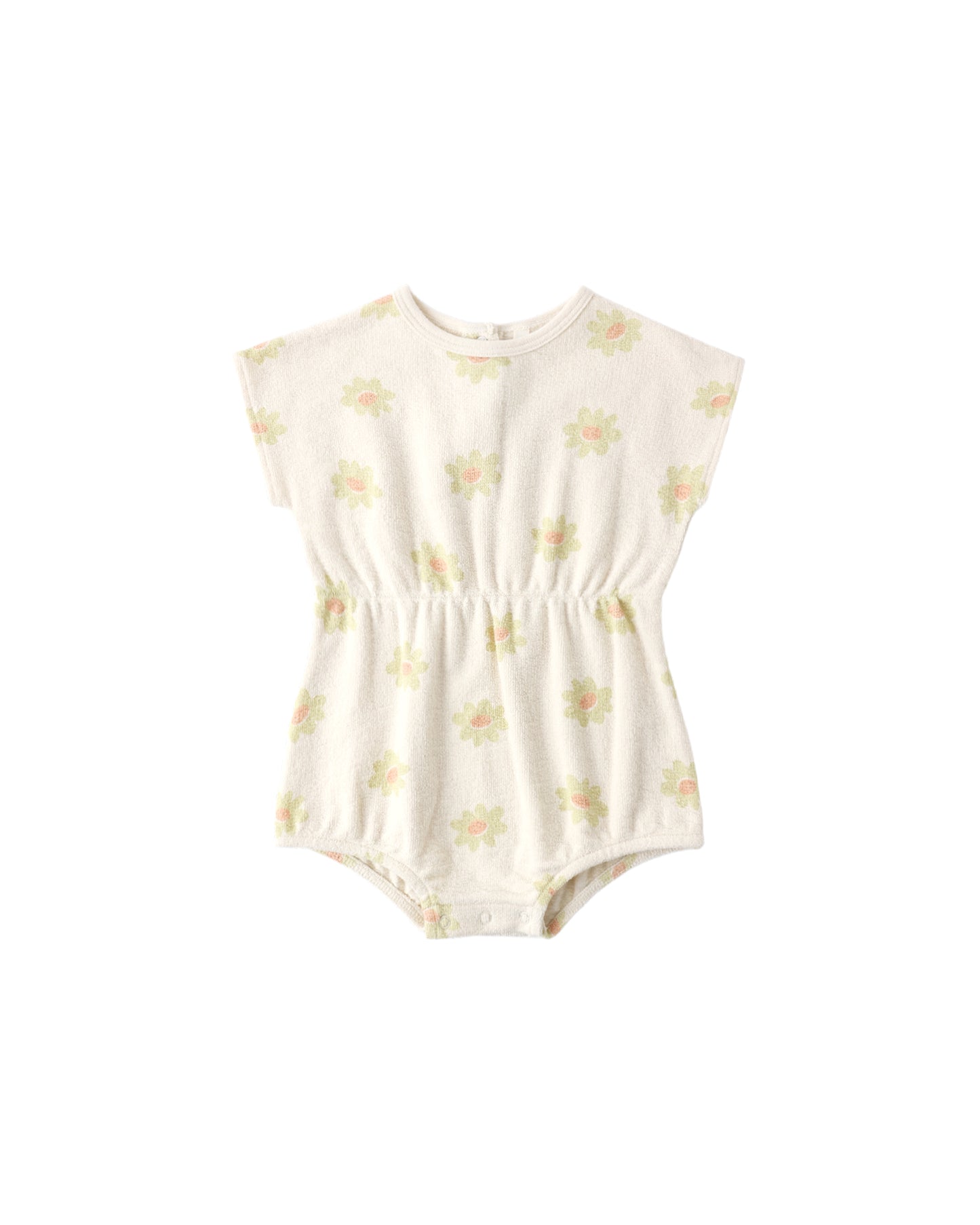 Yellow Daisy Kai romper by Rylee & Cru featuring a playful daisy print and comfortable fabric, perfect for warm weather.