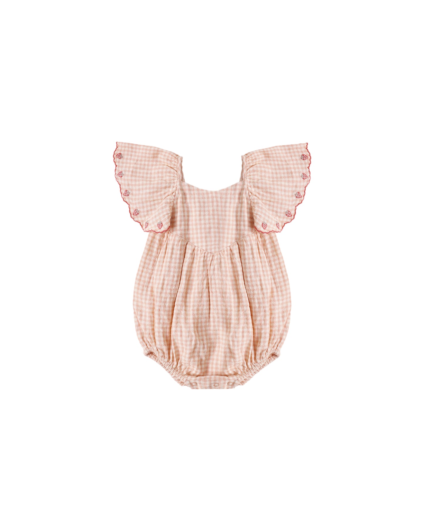 Rylee & Cru Petal Gingham Roxy Romper for babies, featuring pink and white gingham fabric with ruffled details and shoulder buttons.
