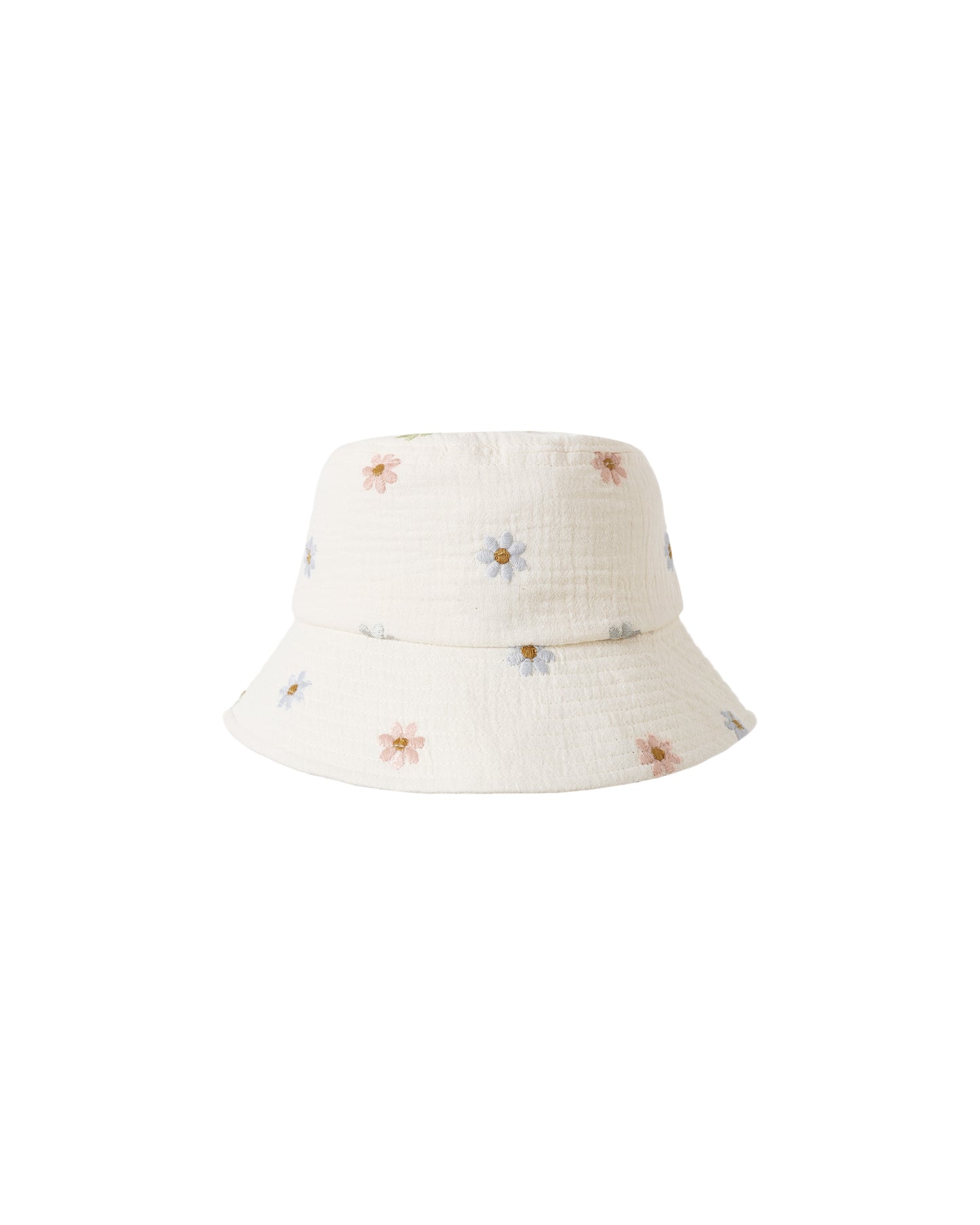 Embroidered Daisies Bucket Hat by Rylee & Cru featuring a natural fabric with floral designs and a wide brim.