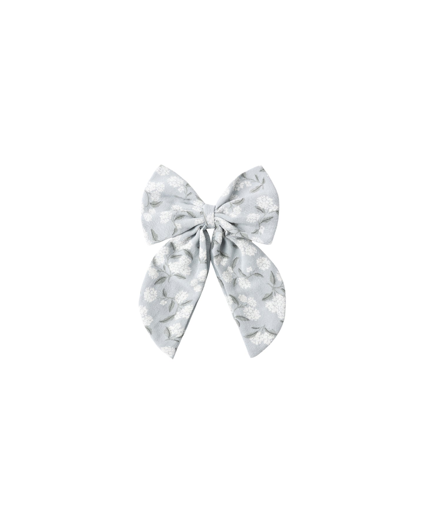 Light blue Hydrangea oversized bow by Rylee & Cru, featuring large, lush fabric flowers for decorative use or gift wrapping.