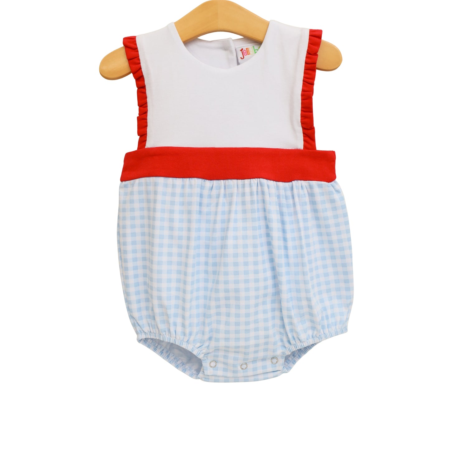 Jellybean Southern Summer Gingham Sophia Bubble dress in blue and white gingham fabric, featuring a sleeveless design and bow details.