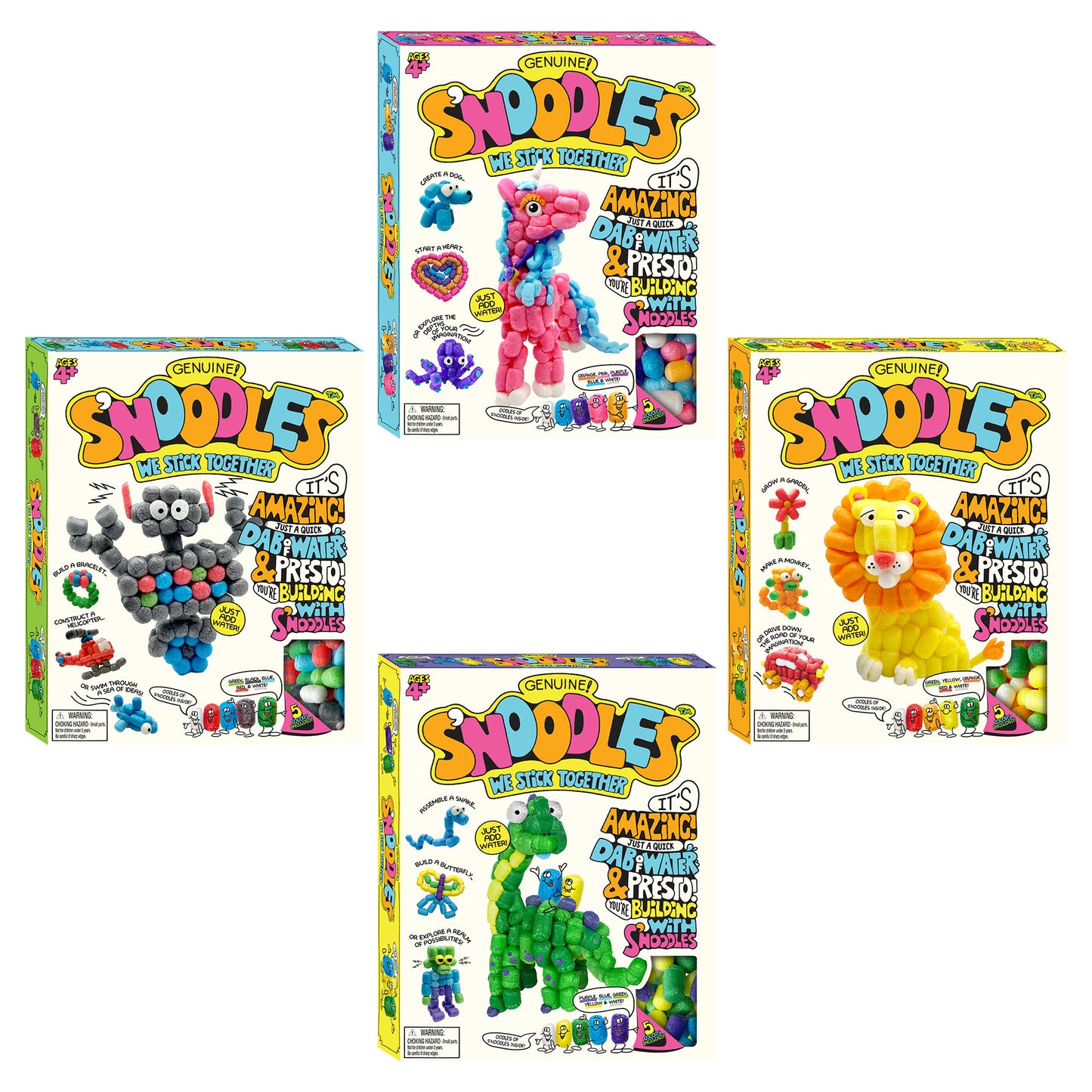Group of S'Noodles Original packaging from Sweet E's Children's Boutique featuring colorful noodle products.