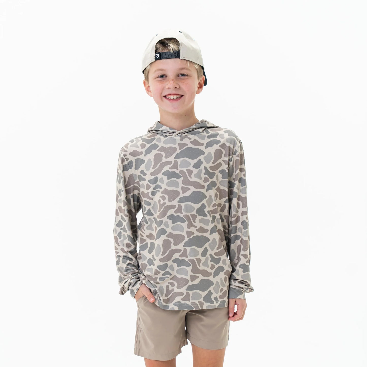 Youth Burlebo Deer Camo Performance Hoodie featuring a classic camo pattern and comfortable athletic design.