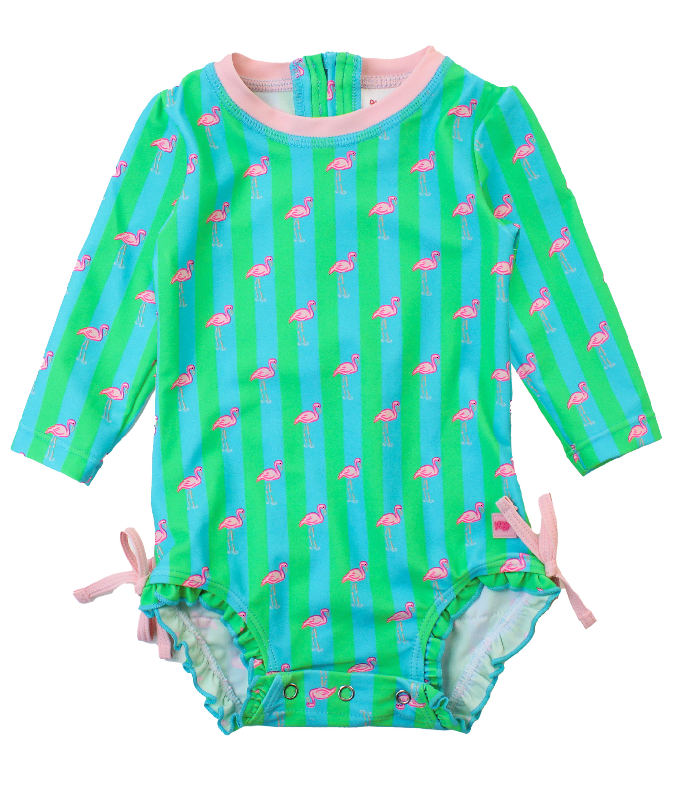 Ruffle Butts - Long Sleeve One Piece Rash Guard Neon Flamingo Stripe