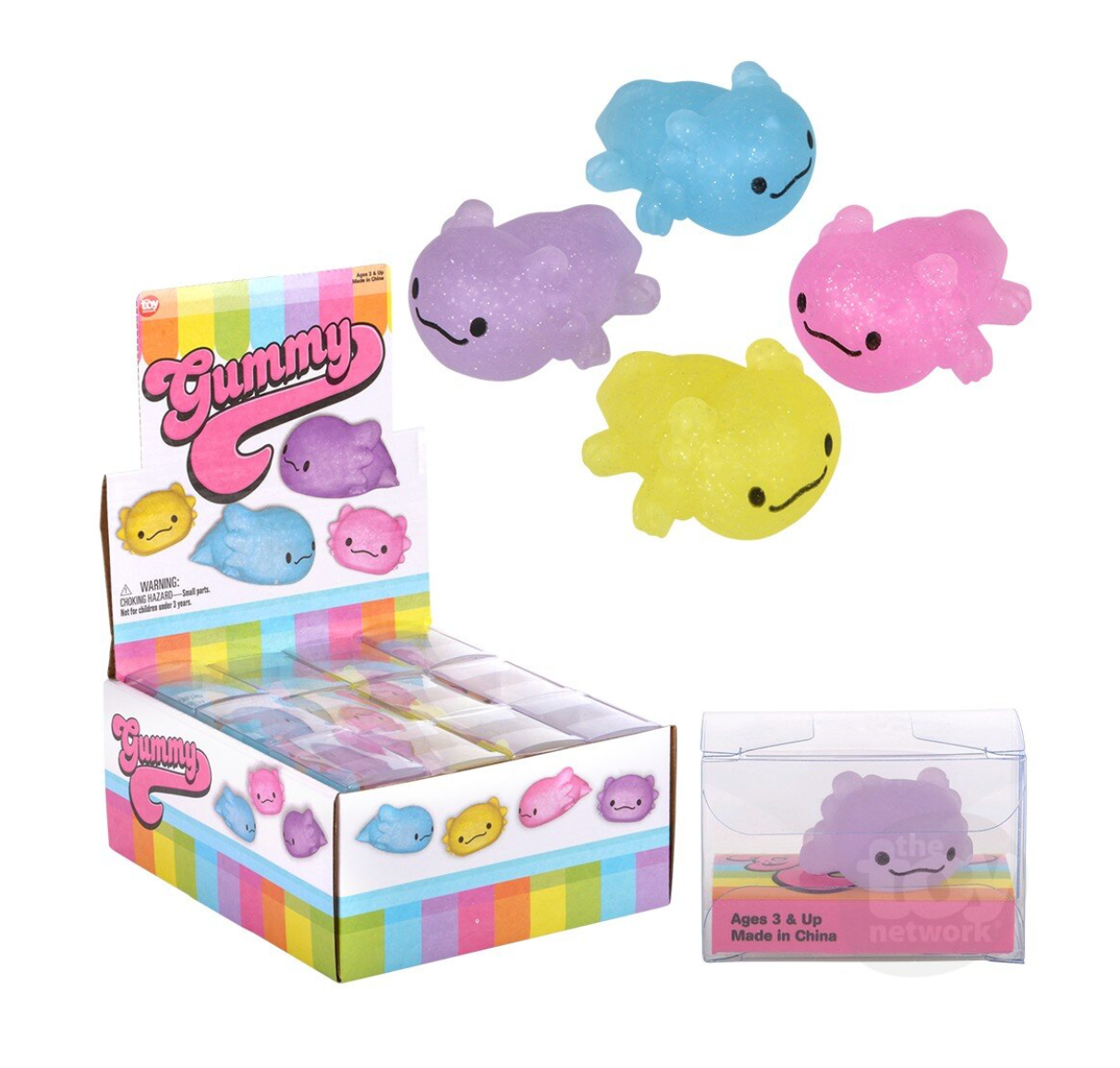 Colorful 1.5-inch Gummy Axolotl toy by The Toy Network, featuring bright colors and cute amphibian design.